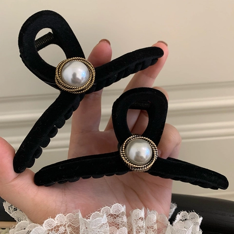 Pinza per Capelli Vintage Francese in Velluto con Perla Artificiale Grande Nera Elegante Clip a Squalo per Acconciature Donna