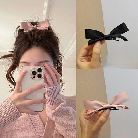 Sweet Satin Bow Hair Clip For Women French Vintage Duckbill Clip Fashion Hair Accessories For Daily Party Pink Black