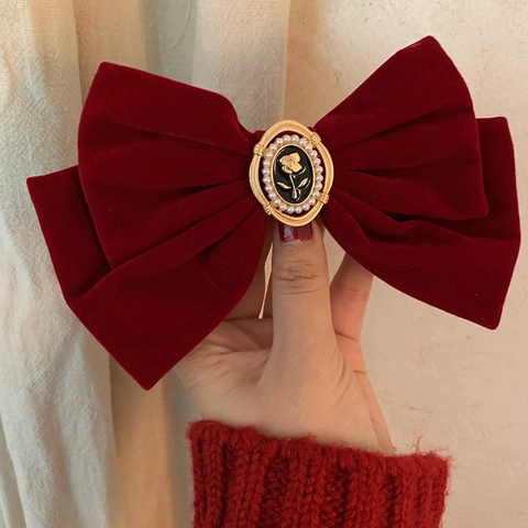 Pinza de Pelo de Lazo Grande de Terciopelo Vintage Elegante Estilo Francés Relieve de Rosa Perla Artificial de Imitación para Mujer