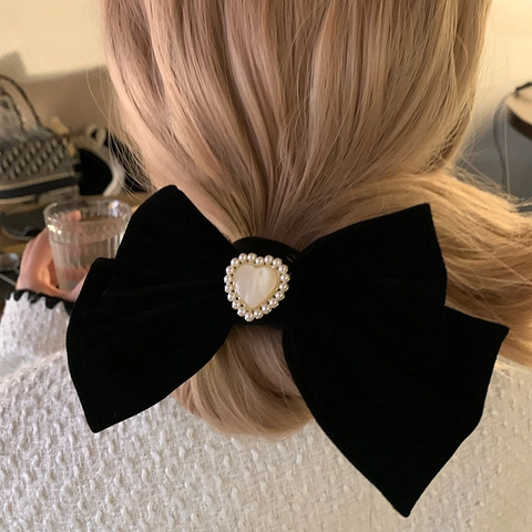 Grande Fermaglio per Capelli con Fiocco in Velluto Nero Stile Vintage Francese Decorazione con Perla Artificial a Cuore Elegante per Donna Festa