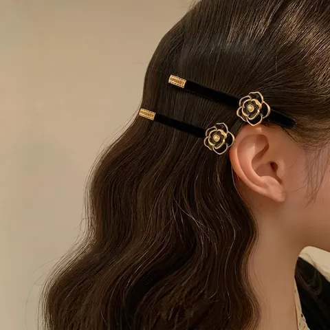 Fermaglio per Capelli Vintage con Fiore di Camelia e Perla Artificial Sintetica Lega Satinato Clip a Becco d'Anatra Stile Francese Elegante Donna Gioielli
