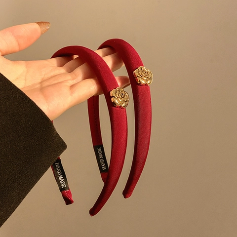 Französischer Vintage Weinrot Stoff Haarreif Mit Goldener Kamelie Blume Eleganter Handgemachter Haarschmuck Für Damen Neujahr Schmuck