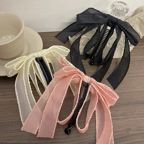 French Vintage Ribbon Bow Banana Clip For Women Sweet Large Scalloped Edge Plastic Hair Clip High Ponytail Bun Accessory