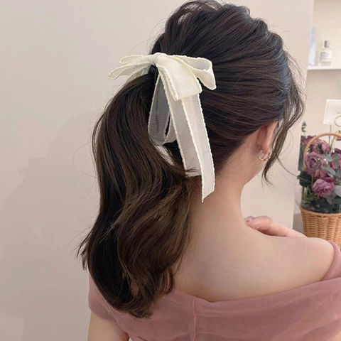French Vintage Ribbon Bow Banana Clip For Women Sweet Large Scalloped Edge Plastic Hair Clip High Ponytail Bun Accessory