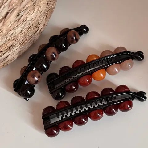 Vintage Resin Bead Banana Hair Clips Korean Style Tortoiseshell Leopard Pattern Hair Accessory Women Non Slip Grip Daily Wear