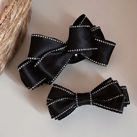 Elegante Pinza Banana con Lazo de Satén Negro y Ribete de Strass Exquisita Pinza para Coleta Accesorio de Pelo Antideslizante para Mujer