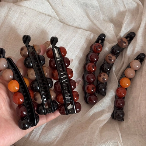 Vintage Resin Bead Banana Hair Clips Korean Style Tortoiseshell Leopard Pattern Hair Accessory Women Non Slip Grip Daily Wear
