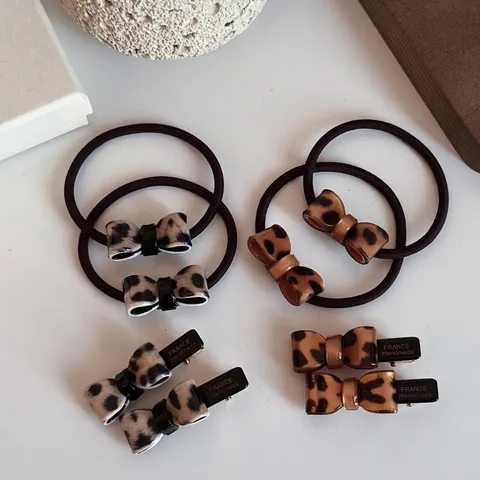 Ensemble d'Élastiques et Pinces à Cheveux Nœud Léopard Français Acétate Résine Élastiques pour Accessoires de Coiffure Femme