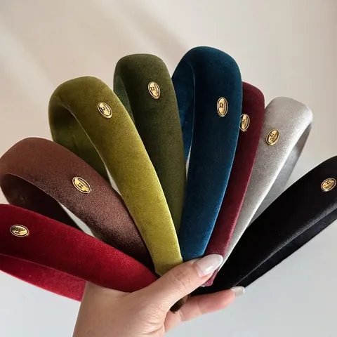 Vintage Velvet Padded Headband For Women High Top Sponge Hair Band With Gold Metal Handmade Tag Retro Hair Accessories