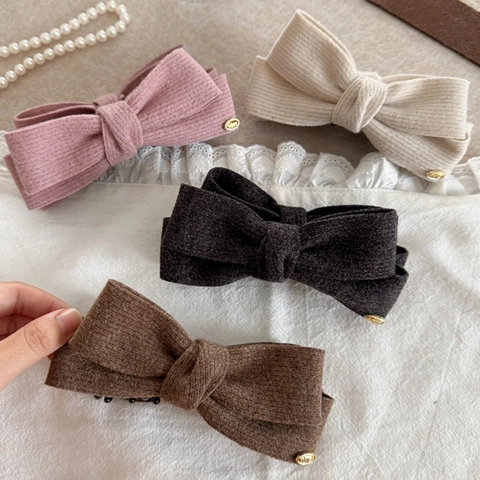 Pinza de Plátano de Punto de Pana Con Lazo para Mujer Otoño Invierno Elegante Horquilla Vertical de Color Sólido Accesorio