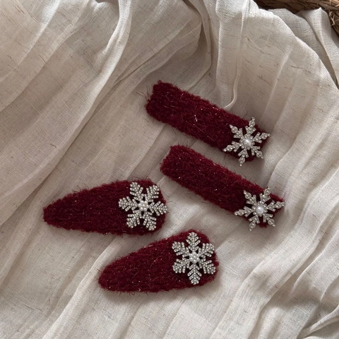 Fermagli per Capelli a Fiocco di Neve in Peluche Rosso Vino Con Strass e Künstliche Perle per Donna Accessori Capelli Invernali