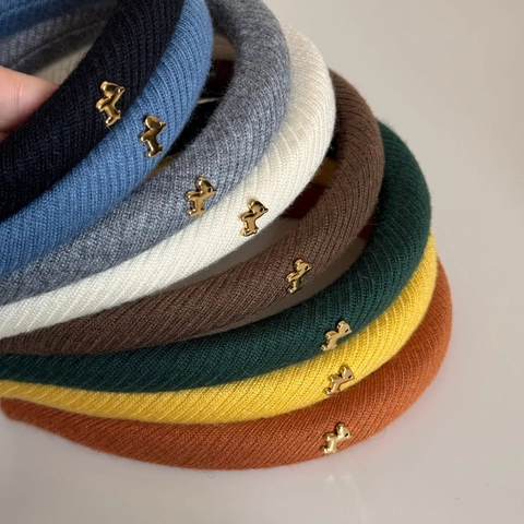 Koreanischer Stil Rippstoff Gepolsterter Haarreif Mit Gold Metall Hund Dekor Handgefertigt Einfaches Elastisches Haarband Damen