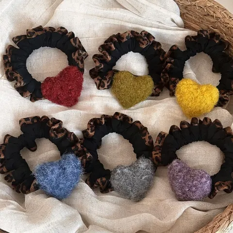 Retro Leopard Print Heart Scrunchie Women High Elastic Fabric Hair Band Handmade Autumn Winter Hair Tie Accessory
