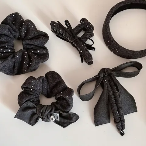 Korean Grey Star Rhinestone Hair Accessories Set Pleated Large Scrunchie Bow Knot Headband Hair Clip Elegant Textile Jewelry