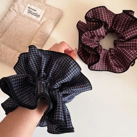 Chouchous à Carreaux Larges de Style Coréen Bandeaux à Cheveux en Tissu Double Couche pour Femmes Accessoires de Coiffure à Carreaux