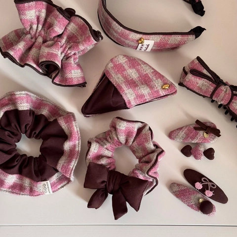 Sweet Pink Plaid Fabric Hair Accessories Retro Korean Style Scrunchies Bow Hair Clips Handmade Fashion Headband For Women