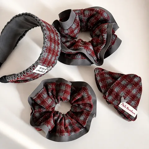 Vintage Plaid Fabric Hair Accessories Korean Style Knitted Large Scrunchie Headband Triangle Hair Clip For Women Daily Styling