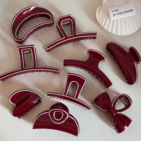 Fermagli per Capelli a Pinza Borgogna Vintage Francese Bordo Bianco Resina Fiocco Cuore Geometrico per Donna Accessori Capelli Eleganti