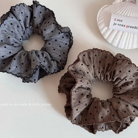 French Vintage Polka Dot Fabric Scrunchie Large Elastic Hair Tie Pleated Frill Edge Hair Rope For Women Hair Accessories