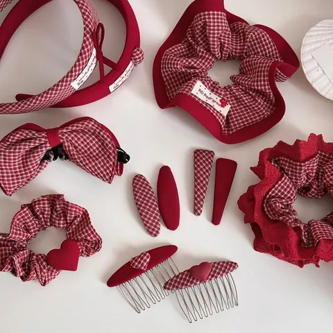 Red White Plaid Hair Accessories Vintage Fabric Bow Knot Hair Clip Headband Scrunchies For Women Festive Party Daily Decor