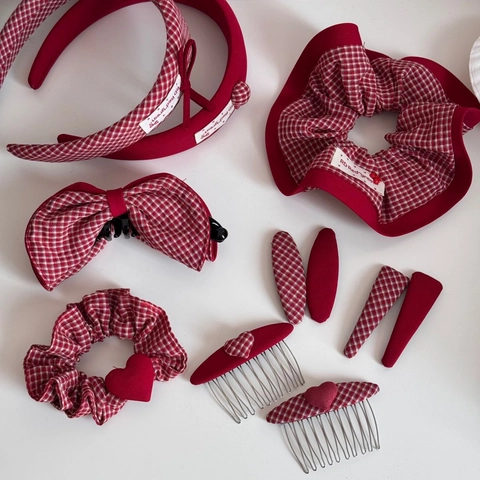 Red White Plaid Hair Accessories Vintage Fabric Bow Knot Hair Clip Headband Scrunchies For Women Festive Party Daily Decor