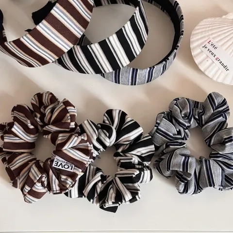 Scrunchies et Bandeaux en Tissu à Rayures Coréennes pour Femmes Élastiques à Cheveux Plissés Vintage Minimalistes Accessoires