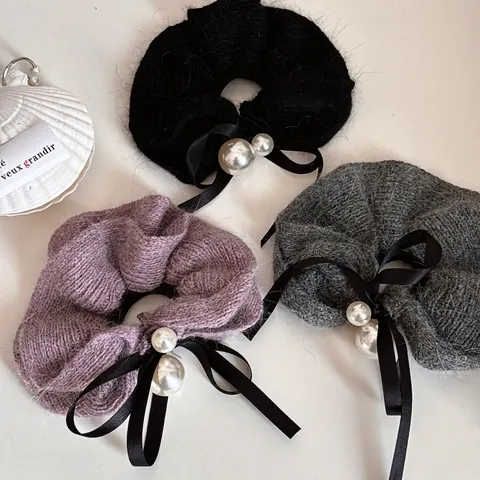 Scrunchie in Lana a Maglia Stile Coreano Con Fiocco in Nastro di Raso e Perla Artificiale Elegante Accessorio per Capelli da Donna Autunno Inverno