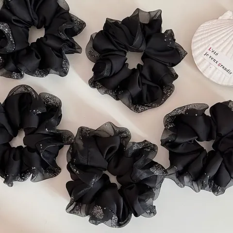 Elegant Korean Satin Scrunchie With Sparkling Rhinestone Mesh Edge French Vintage Fabric Hair Tie For Women Girls Hair Accessories