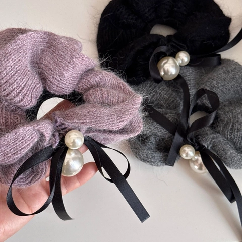 Scrunchie in Lana a Maglia Stile Coreano Con Fiocco in Nastro di Raso e Perla Artificiale Elegante Accessorio per Capelli da Donna Autunno Inverno
