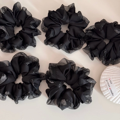 Elegant Korean Satin Scrunchie With Sparkling Rhinestone Mesh Edge French Vintage Fabric Hair Tie For Women Girls Hair Accessories
