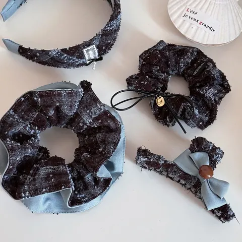 Elegant Blue Plaid Tweed Scrunchie Set With Bow Hair Clip And Wide Headband For Women Vintage Chanel Style Hair Accessories