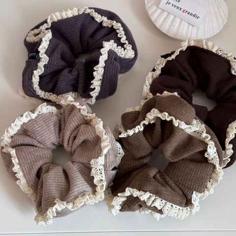 Korean Style Ribbed Knit Hair Scrunchie With Double Layer Lace Trim High Elasticity Vintage Hair Tie For Women Girls