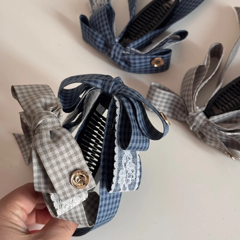 Fermaglio Per Capelli a Banana Con Fiocco a Quadretti Bordo In Pizzo Bottone Oro Molletta Per Capelli Grande Donna Accessori
