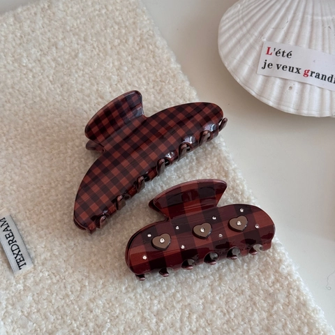 Pinza Per Capelli Vintage A Quadri Marrone Cacao Con Cuore Strass Clip A Squalo Per Donna Elegante Accessorio Per Acconciature