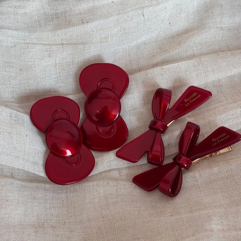 Vintage French Red Bow Hair Clips For Women Glossy Resin Bowknot Hair Barrettes Elegant Side Hair Accessories Set Gift