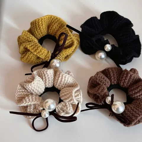 Chouchou en Tricot de Tissu Avec Perle Artificielle Nœud Élégant Style Coréen Élastique Cheveux Automne Hiver Femme
