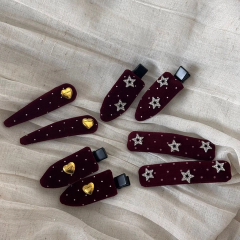 Vintage Wijnrood Fluweel Gepunkt Haarsieraad Met Goud Hart Zilver Ster Strass Zoet Elegant BB Clip Dames Haaraccessoires