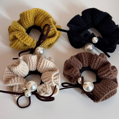 Chouchou en Tricot de Tissu Avec Perle Artificielle Nœud Élégant Style Coréen Élastique Cheveux Automne Hiver Femme