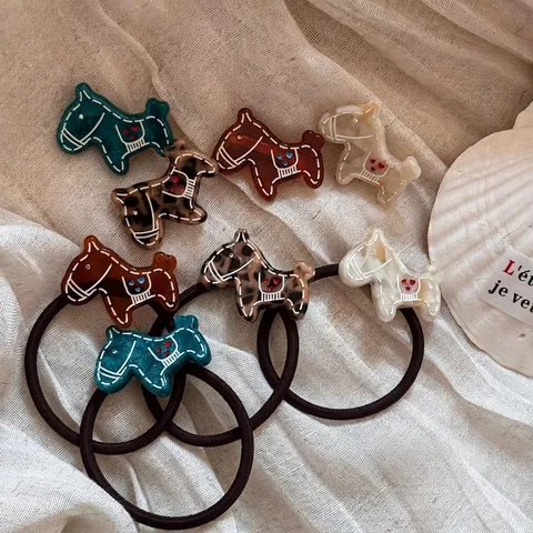 Korean Style Acetate Animal Horse Dog Shape Hair Band Scrunchies High Elastic Hair Ties Heart Print Hair Clips For Women