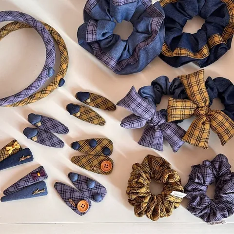 Koreanische Vintage Karomuster Denim Stoff Scrunchies Schleife Haarringe Handgefertigt Stirnband Haarklammern Set Für Damen