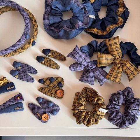 Koreanische Vintage Karomuster Denim Stoff Scrunchies Schleife Haarringe Handgefertigt Stirnband Haarklammern Set Für Damen