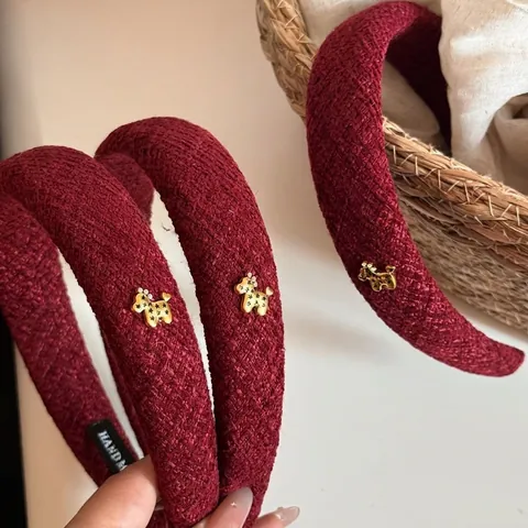 Französischer Vintage Tweed Weinrot High Top Haarreif Für Damen Gold Stern Kleines Pferd Dekorativ Handgefertigt Mode Haarschmuck