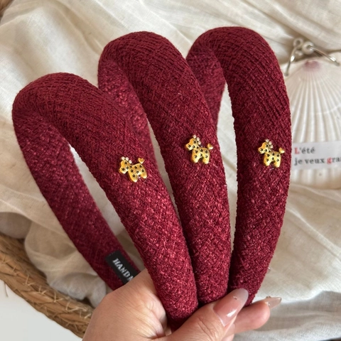 Französischer Vintage Tweed Weinrot High Top Haarreif Für Damen Gold Stern Kleines Pferd Dekorativ Handgefertigt Mode Haarschmuck