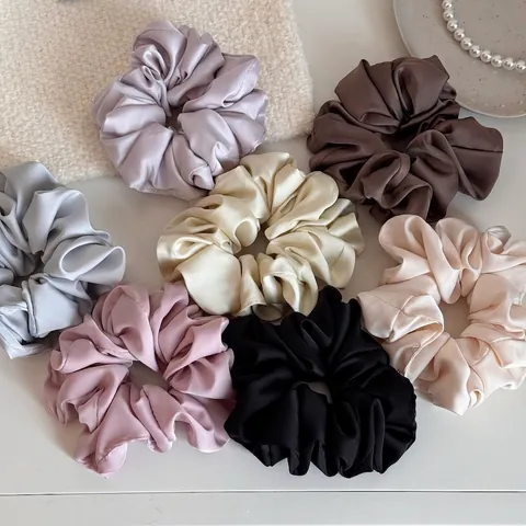 Coleteros de Satén Minimalistas Franceses para Mujer Elegantes Lazos para el Cabello de Color Sólido Plisados de Gran Tamaño