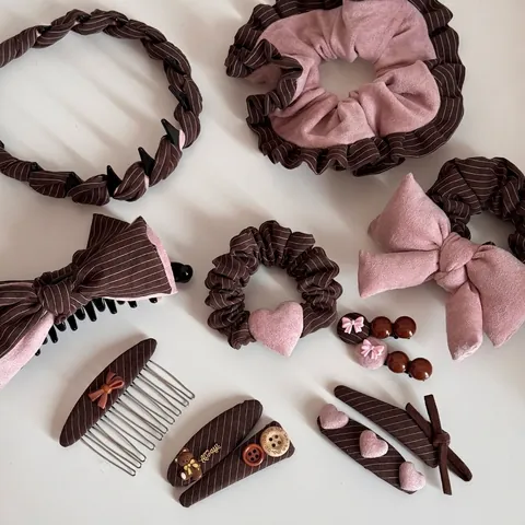 Fermaglio per Capelli con Fiocco a Righe Stile Coreano Vintage Dolce Marrone Rosa Tessuto Accessorio per Capelli da Donna Orsetto Cuore