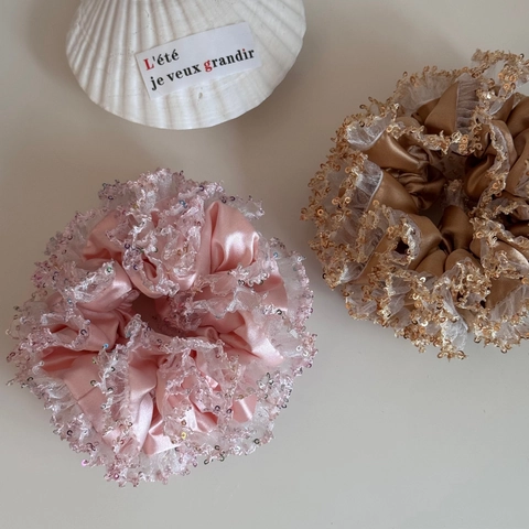 Coletero Estilo Coreano Rosa Rosa Lentejuelas Encaje Doble Capa Elegante Hecho a Mano Satén Lazo Cabello Para Mujeres Niñas Accesorio Cabello Moda
