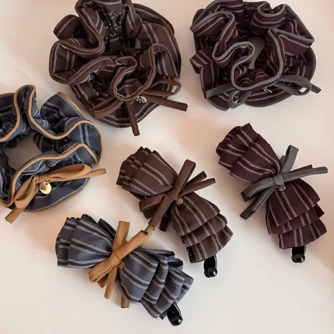 Set di Elastici per Capelli Vintage a Righe con Fiocco Pendente in Metallo Stile Coreano Accessori per Capelli in Tessuto Donna