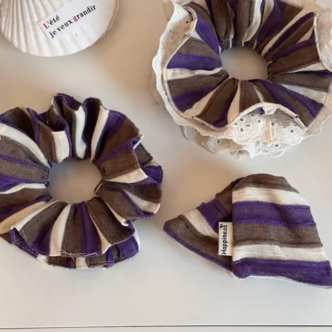 Set di Elastici per Capelli in Tessuto a Righe Stile Coreano Viola Caffè Bianco Pieghettato Bordo in Pizzo per Donna Gioielli per Capelli Fatti a Mano