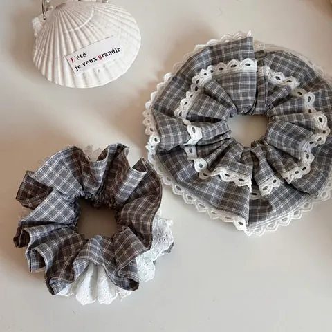 Scrunchie in Pizzo Gingham Grigio Oversize in Stile Coreano per Donna Elastico per Capelli Vintage Grande Grande Accessori per Capelli a Quadretti Plissettati Fatti a Mano