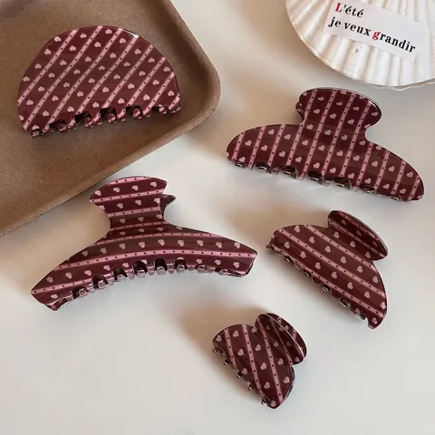 Pinza per Capelli da Donna Elegante in Plastica Marrone Mocha Motivo a Cuore e Righe Grande Fermaglio Vintage Stile Francese